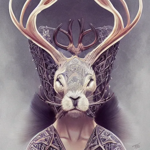 Prompt: Geometric Rabbit with antlers, intricate, elegant, highly detailed, digital painting, artstation, concept art, smooth, sharp focus, illustration, art by artgerm and greg rutkowski and alphonse mucha