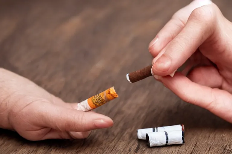 Image similar to cigarette in five fingers, thin soft hand holding cigarette, hyper realistic, natural