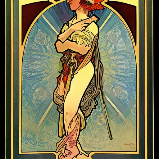 Prompt: legendary warrior, painted by alphonse mucha