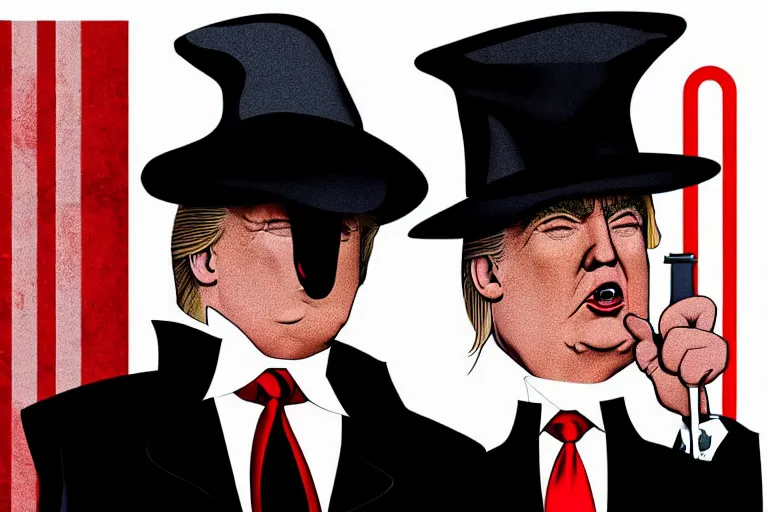 Prompt: poster illustration of donald trump and donald trump wearing trench coats and big black hats starring in spy vs spy