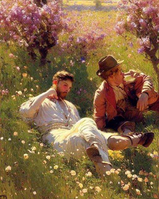 Prompt: handsome men reminisce about the end of spring in a field of bright flowers, cool colors, hard angles, painting by gaston bussiere, craig mullins, j. c. leyendecker