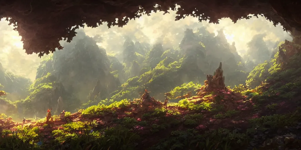 Image similar to a landscape from made in abyss by akihito tsukushi, backlight, rim lighting, deep focus, d & d, fantasy, intricate, elegant, highly detailed, digital painting, artstation, concept art, matte, sharp focus, illustration, hearthstone, art by artgerm and greg rutkowski and alphonse mucha