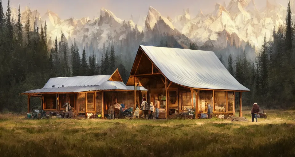 Image similar to cabela's beautiful comfortable modular pop - up insulated all terrain family dwelling, cabin,, person in foreground, mountainous forested wilderness open fields, beautiful views, painterly concept art, joanna gaines, environmental concept art, farmhouse, magnolia, concept art illustration, by james gurney, by craig mullins, by greg rutkowski trending on artstation