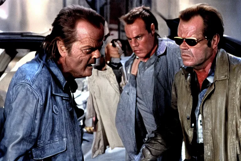 Prompt: Jack Nicholson plays Terminator, scene where Jack Nicholson saves Sarah Connor