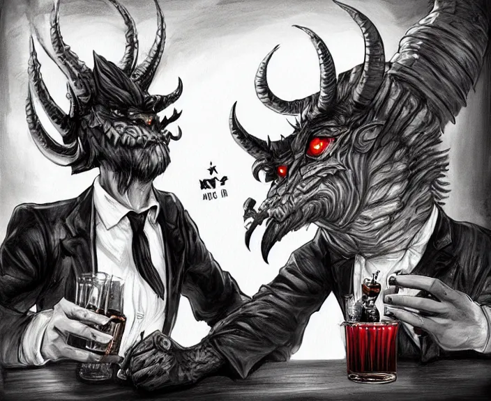 Image similar to a devil monster and a handsome gentleman toasting with whiskey in a pub, black and white and red colors, establishing shot, highly detailed, digital painting, artstation, concept art, smooth, sharp focus, illustration, Unreal Engine 5, 8K, art by artgerm, realistic painting