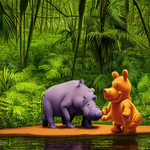 Image similar to Winnie the Pooh kissing a hippo in the jungle. Sony a7r IV, symmetric balance, polarizing filter, Photolab, lightroom, 8k, award-winning