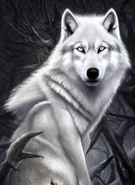 Image similar to digital _ painting _ white wolf queen _ filipe _ poles _ and _ justin _ gerard _ symmetrical _ fantasy _ very _ detailed _ realistic _ complex _ port