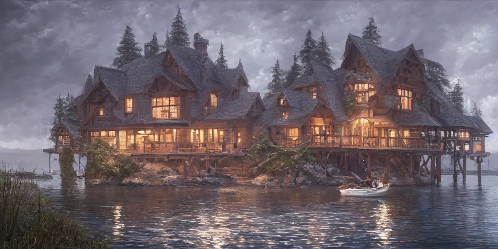 Image similar to an oil painting of a lakehouse, masterpiece, highly detailed, high quality, 4 k, anatomically correct, hyperrealistic, concept art, octane render, unreal engine 5, trending on artstation, trending on deviantart, matte, historical painting, fantasy style, path traced, high coherence, soft lighting, digital painting, mythical