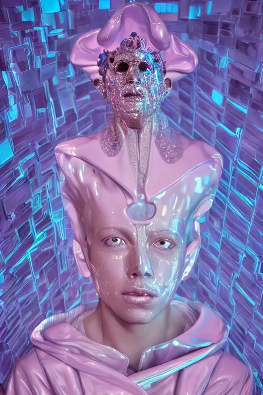 Prompt: hyper detailed ultra sharp photo of baroque and bladerunner neon crystalline ceramic sculpture of seductive muscular prince nick jonas dotado albino pink iridescent humanoid deity wearing blue hooded metallic tuxedo holding an glass skull in a onyx dungeon, reclining, glowing magenta face, crown of white diamonds, cinematic lighting, photorealistic, octane render 8 k depth of field 3 d