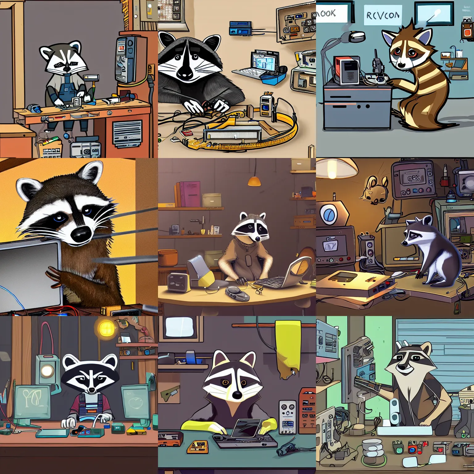 Prompt: A raccoon in his workshop tinkering with electronics, trending on FurAffinity