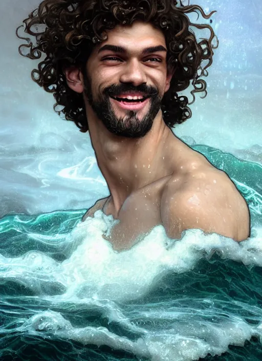 Image similar to portrait of teenage poseidon rising from ocean, greek, short curly blonde hair, mad smile, wearing a wet white sash, elegant, crashing waves, storm, glowing lights, volumetric lighting, highly detailed, digital painting, artstation, concept art, smooth, sharp focus, illustration, art by wlop, mucha, artgerm, and greg rutkowski