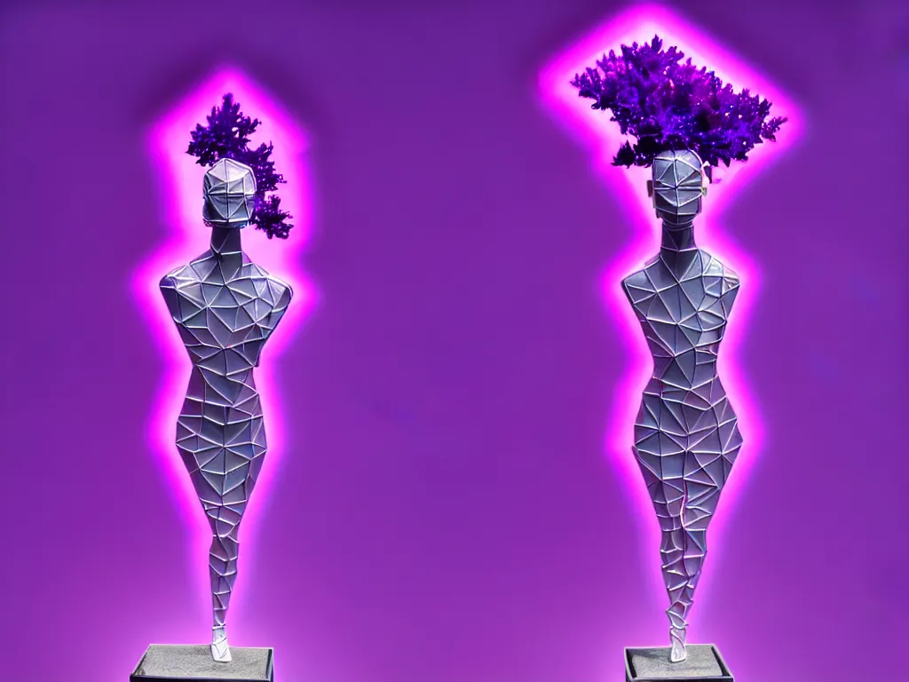 Image similar to beautiful mannequin sculpted out of amethyst by billelis + lit with purple 3 d geometric neon + chrome geometric cubed bonsai plants!!!!, doorway opening with neon pink geometric light, clean linework, dramatic, finely detailed, rule of thirds, moody, confident, award winning, 4 k, trending on artstation, photorealistic, volumetric lighting, octane render