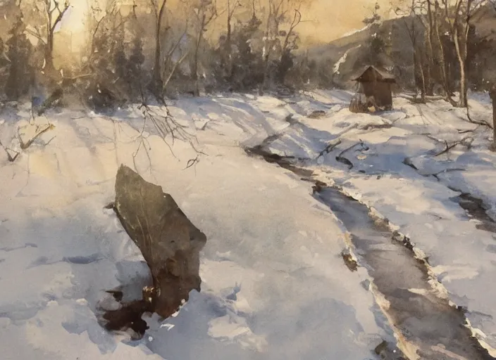 Image similar to watercolor winter landscape, glistering, high detailed art by dennis miller bunker, work by anders zorn, wonderful masterpiece by greg rutkowski, beautiful cinematic light, american romanticism by greg manchess, creation by tyler edlin