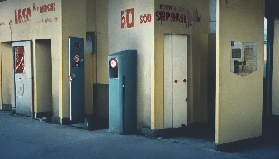 Image similar to 60s movie still of public toilets with one man cover in blood, cinestill 800t 50mm eastmancolor, liminal Space style, heavy grain-s 150