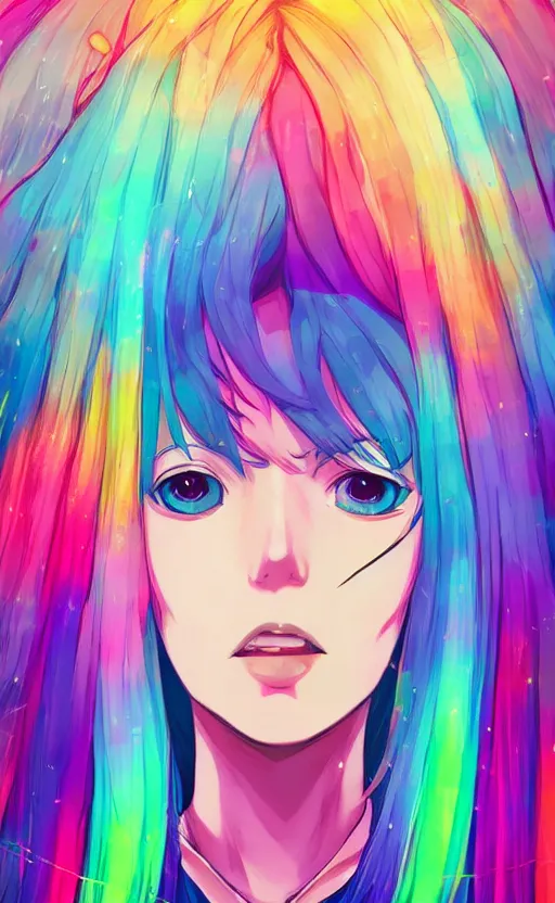 Image similar to a girl with rainbow lush hair, unicorn horn, portrait, anime character hinata, rim light, fresh colors, gradients, highly detailed, digital illustration, concept art, smooth, sharp focus, pleasing aesthetics, josan gonzalez