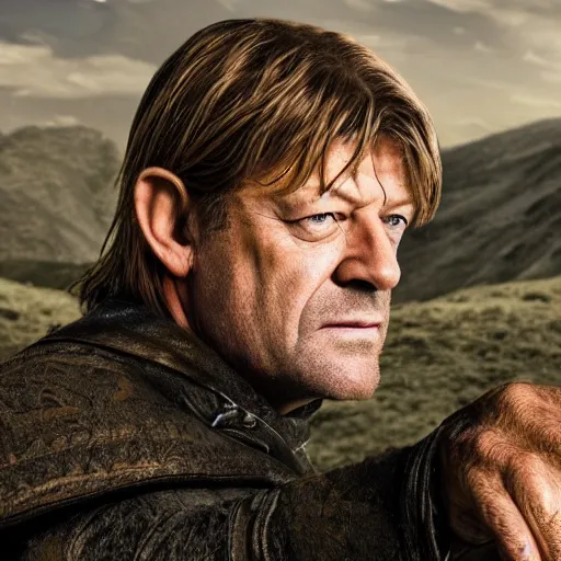 Prompt: sean bean 200 years after wearing the ring of power from the lord of the rings: return of the king, photorealism, award winning, taken by canon 5d mk4, hollywood, photograph