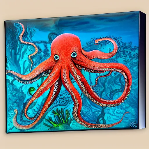 Image similar to confluence of aquatic wild life. octopus, fish, coral, fantasy, painting, detailed, paid artwork, portfolio, intricate lighting