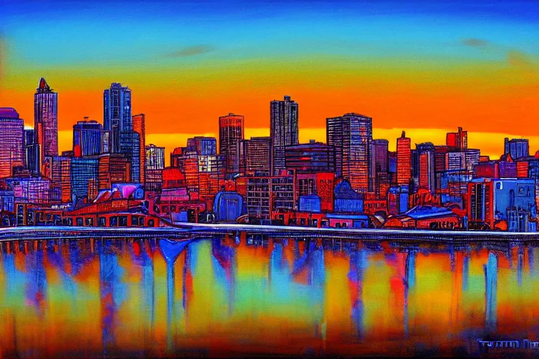 Prompt: winnipeg skyline, sunset, vivid colors, painting by tom thompson, 4 k