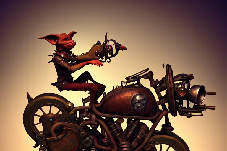 Prompt: a goblin riding a steampunk motorcycle, volumetric light, studio light, hyperdetailed, artstation, cgsociety, 8k