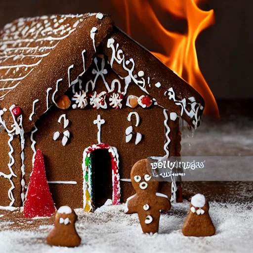 Prompt: gingerbread house arson scene, high resolution news photo