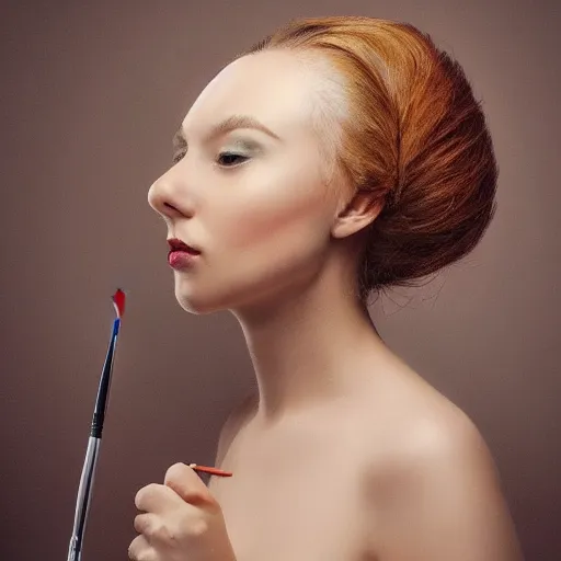 Image similar to beautiful portrait of a woman with artistic brushes sticking out of her hair.