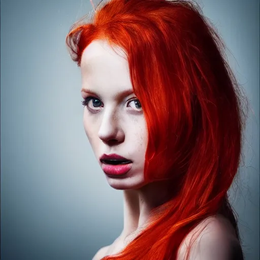 Image similar to portrait polina kouklina with red hair, high detail, dramatic light