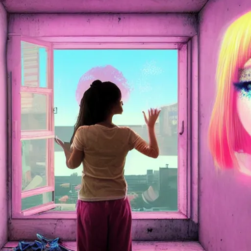 Image similar to girl looking out a window in a room full of garbage, highly detailed, vaporwave aesthetic