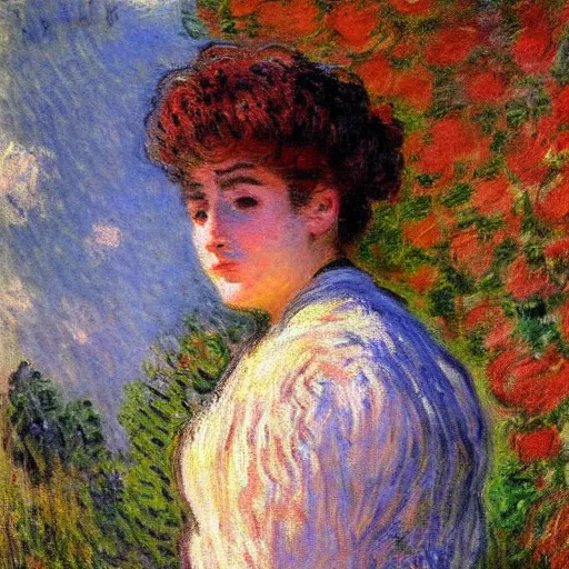 Prompt: 19th century portrait by Claude Monet!!!! of a young woman!!, looking at us!!, sunlight! oil painting-H 768