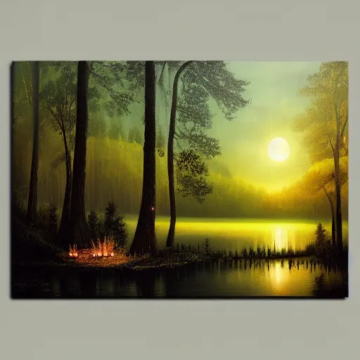 Image similar to lake, forest, night, fog, trees, glowing fireflies, moonshine, volumetric lighting, canvas, oil paint