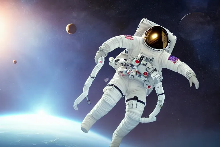Image similar to astronaut in space wearing a spacesuit floating, earth in background, highly detailed, photorealistic, full body, bright studio setting, studio lighting, crisp quality and light reflections, unreal engine 5 quality render