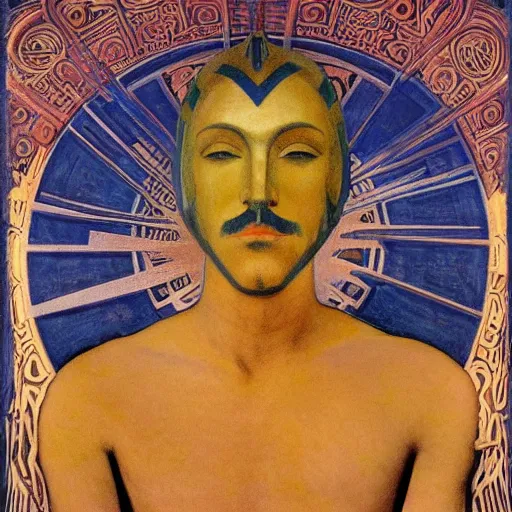 Image similar to head of a beautiful boy wearing a mask made of metal flowers, by annie swynnerton and nicholas roerich and jean delville and john watkiss, art deco shaman, stylized geometric flowers, art brut, symbolist, dramatic lighting, god rays, iridescent beetles, clean crisp graphics, smooth sharp focus, extremely detailed, adolf wolfli