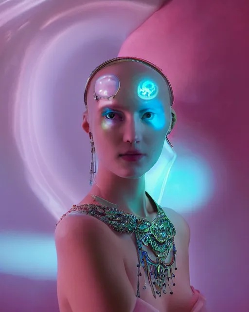 Prompt: natural light, soft focus portrait of an android with soft synthetic pink skin, blue bioluminescent plastics, smooth shiny metal, elaborate ornate head piece, piercings, skin textures, by annie liebovotz, paul lehr