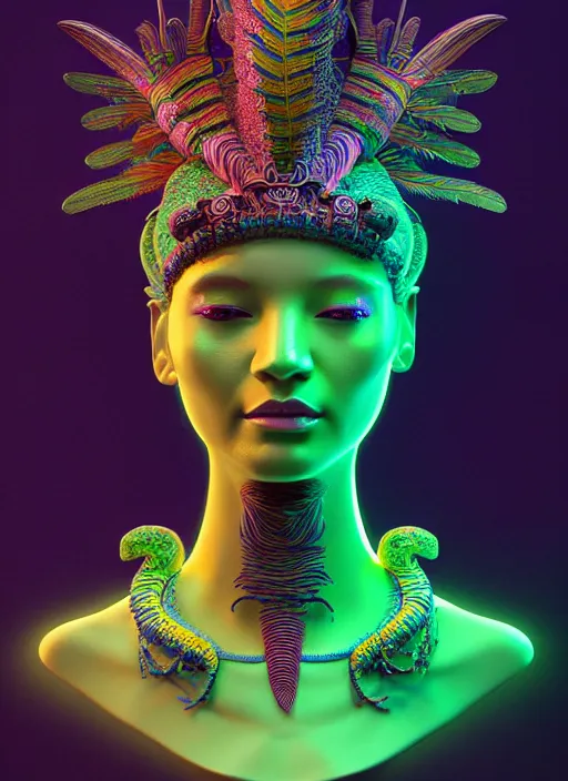 Image similar to 3 d goddess profile portrait. beautiful intricate highly detailed quetzalcoatl mask and feathers. ahuizotl, atotolin, bioluminescent, plasma, lava, ice, water, wind, creature, jungle, artwork by tooth wu and wlop and beeple and greg rutkowski, 8 k trending on artstation,