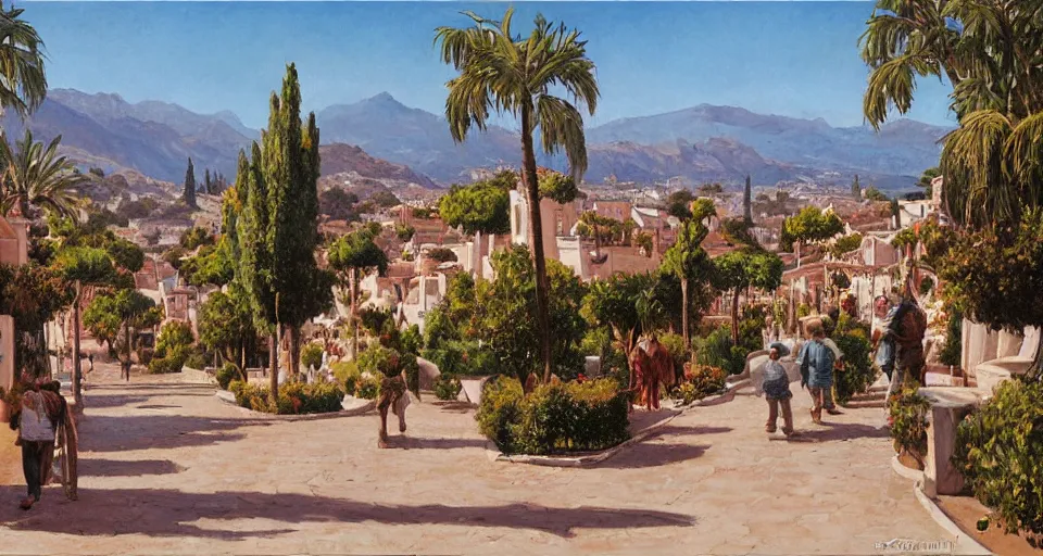 Prompt: Ted Nasmith painting of a Marbella city street landscape