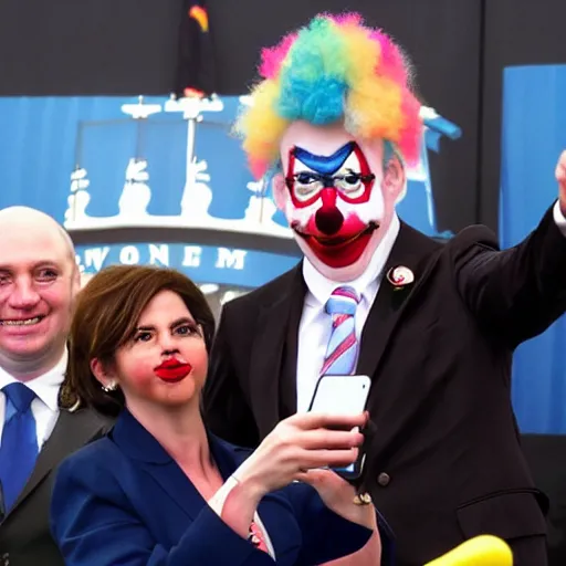 Image similar to a president with clown face taking a selfie in a podium next to an angry first minister