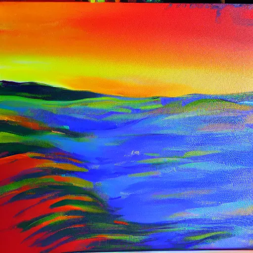 Image similar to landscape acrylic painting on canvas in the style of chris wilmshurst, bold colours