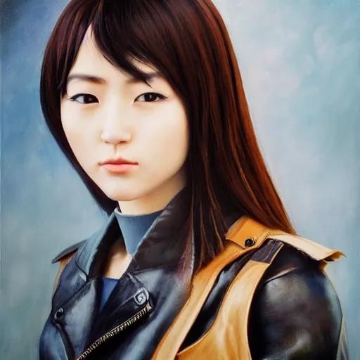 Image similar to perfect, realistic oil painting of close-up japanese young woman wearing leather jacket, in Neverwinter