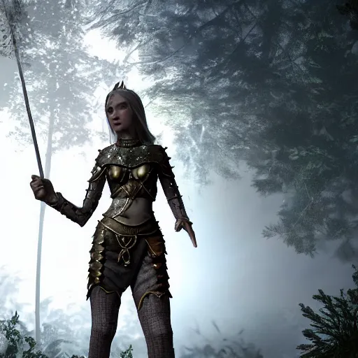 Image similar to a female elf wearing a small chainmail two piece armor in the forest, digital art, illustration, volumetric lighting, atmospheric, highly detailed