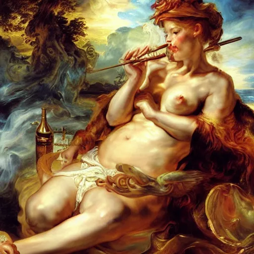 Image similar to heavenly summer sharp land sphere scallop angels smoking cigars, by Peter Paul Rubens and Eugene Delacroix and Karol Bak , Hyperrealism , digital illustration , fauvist