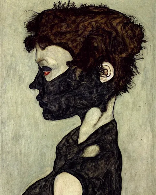 Image similar to A goth portrait painted by Egon Schiele. Her hair is dark brown and cut into a short, messy pixie cut. She has a slightly rounded face, with a pointed chin, large entirely-black eyes, and a small nose. She is wearing a black tank top, a black leather jacket, a black knee-length skirt, a black choker, and black leather boots.