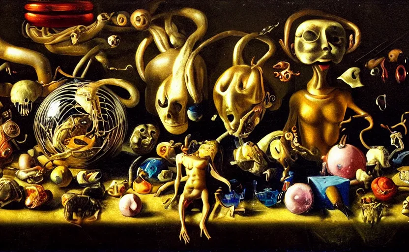 Image similar to the weirdest image ever disturbing colorful oil painting dutch golden age vanitas still life with bizarre recursive humanoid faces strange beautiful curvy women metal objects shiny gooey surfaces shiny metal bizarre insects rachel ruysch dali todd schorr very detailed perfect composition rule of thirds masterpiece canon 5 0 mm, cinematic lighting, chiaroscuro