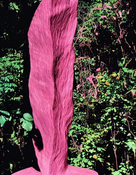 Image similar to vintage color photo of a giant 1 1 0 million years old abstract sculpture made of liquid pink gold covered by the jungle vines