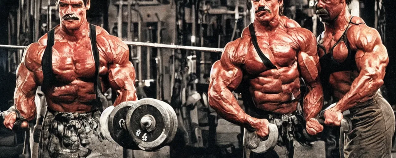 Prompt: french crossfitter with a mustache carrying dumbells, standing with Arnold Schwarzenegger in original 1986 Predator, high definition, highly detailed, in the style of a movie poster