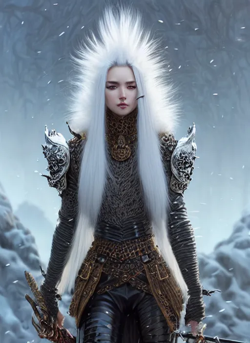 Image similar to fur coated armor!!! long wild white hair!! covered chest!!! fantasy, d & d, intricate ornate details, symmetry, concept art, sharp focus, illustration, art by artgerm! greg rutkowski magali villeneuve wlop! ilya kuvshinov!!, octane render, unreal engine 5, highly rendered!!