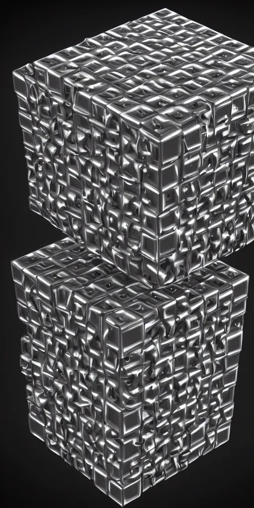 Image similar to 3 d photographic render of a cube sculpture made of chrome, neon circles around, chrometype, made of liquid metal, neotribal with thorns and thunders, raytracing, hyper realistic, volumetric lightning, 8 k, by zhelong xu and ouchh studio