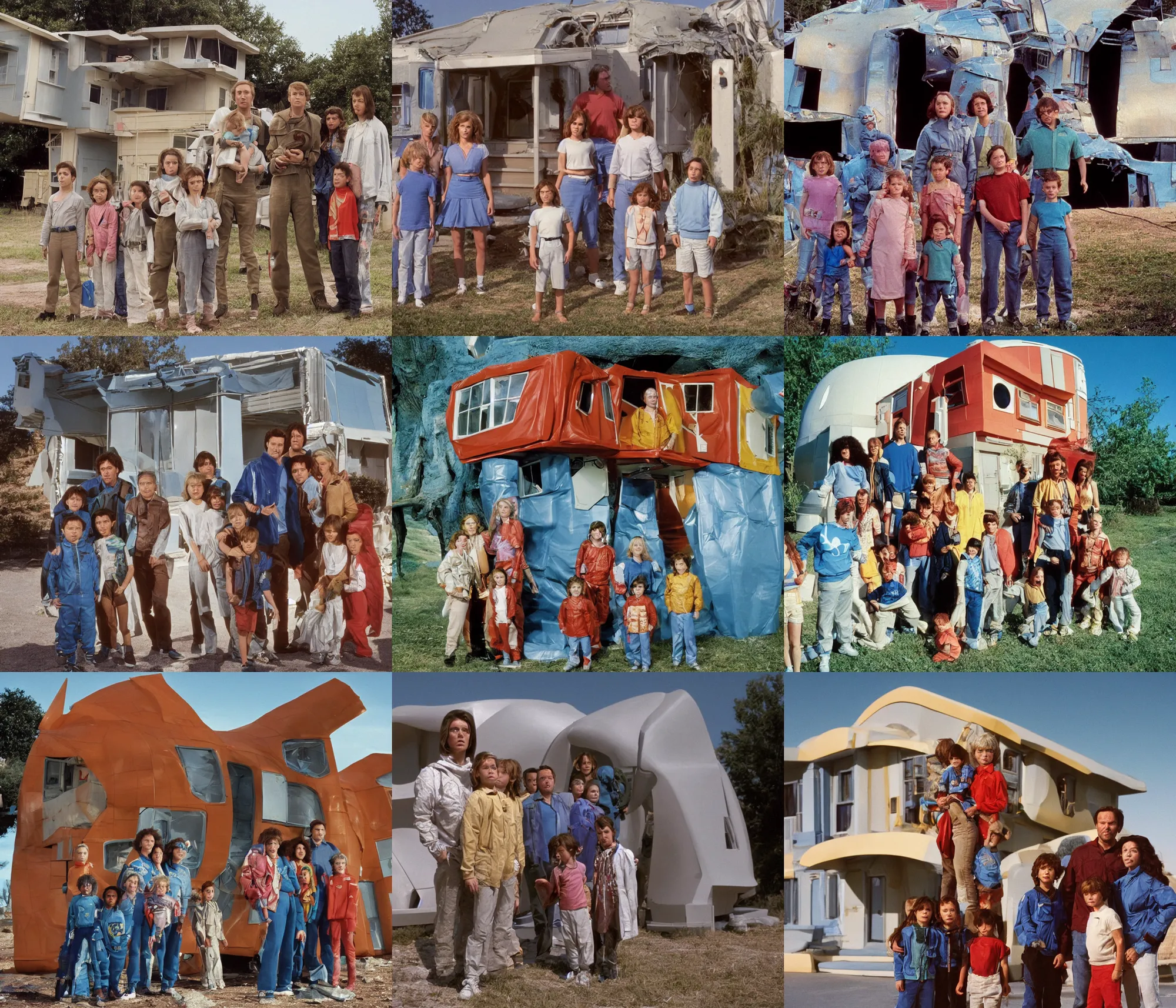 Prompt: highly detailed, 256435456k film, 806400mm film still from a sci fi blockbuster color movie made in 2019, set in 1990, of a family standing in front of a plastic house that has just landed on an alien planet, the family are all wearing 1990s era clothes, good lighting, good photography, ultra high definition