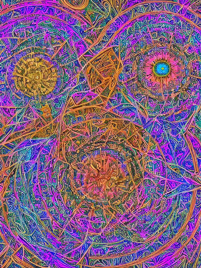 Image similar to a Symmetrical geometric photo realistic psychedelic mandala made from cybernetic structures With astrological details, brightly colored with a central focus , intricate lines and very detailed patterns made of metallic structures morphing into infinity , Alex grey and 70’s rock poster styling 3d