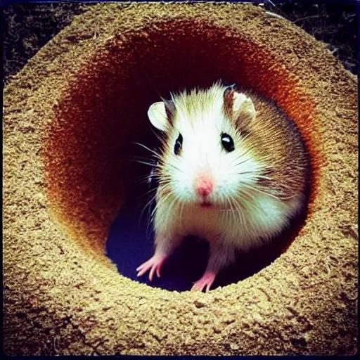 Prompt: “ little hamster in a hole in a golf terrain ”