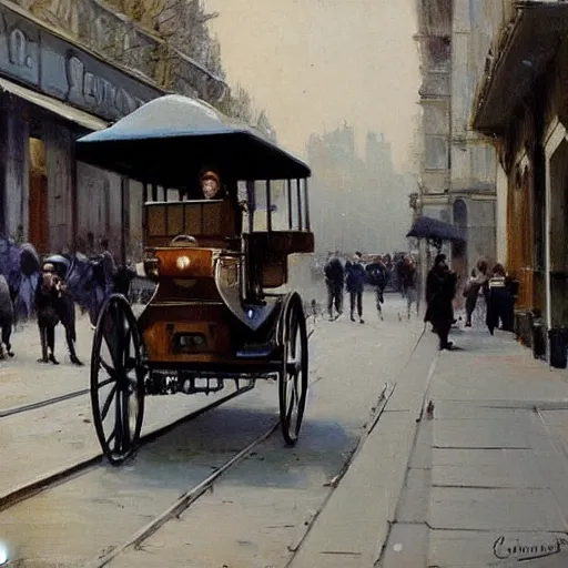 Image similar to artist ewan mcgregor is walking in early 2 0 th century paris. he is a gentleman and wears a bowler hat, horses, horse carts, horse cartridges on streets, walking ladies and gentlemen an early car prototype, early 2 0 th century tram, by d'edouard cortes