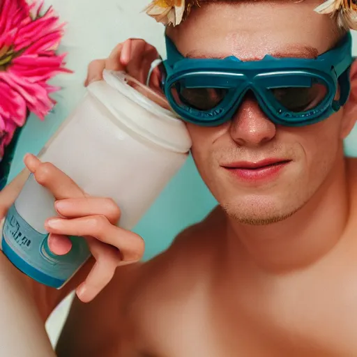 Image similar to close up kodak portra 4 0 0 photograph of a skinny guy with blonde hair laying in a tub of milk, aerial view, wearing goggles, flower crown, moody lighting, telephoto, 9 0 s vibe, blurry background, vaporwave colors, faded!,